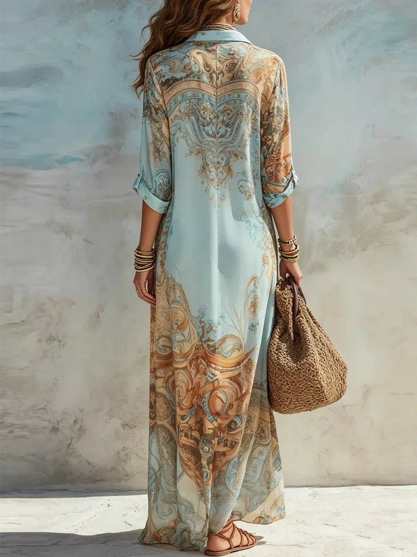 Vestido Camisero de Chiffón Estampado Boho