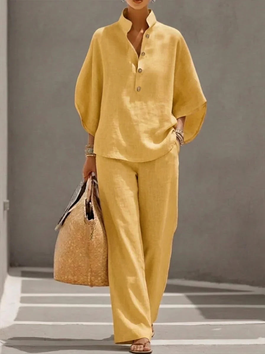 Maribel™ | Conjunto de lino con mangas murciélago y pantalón ancho
