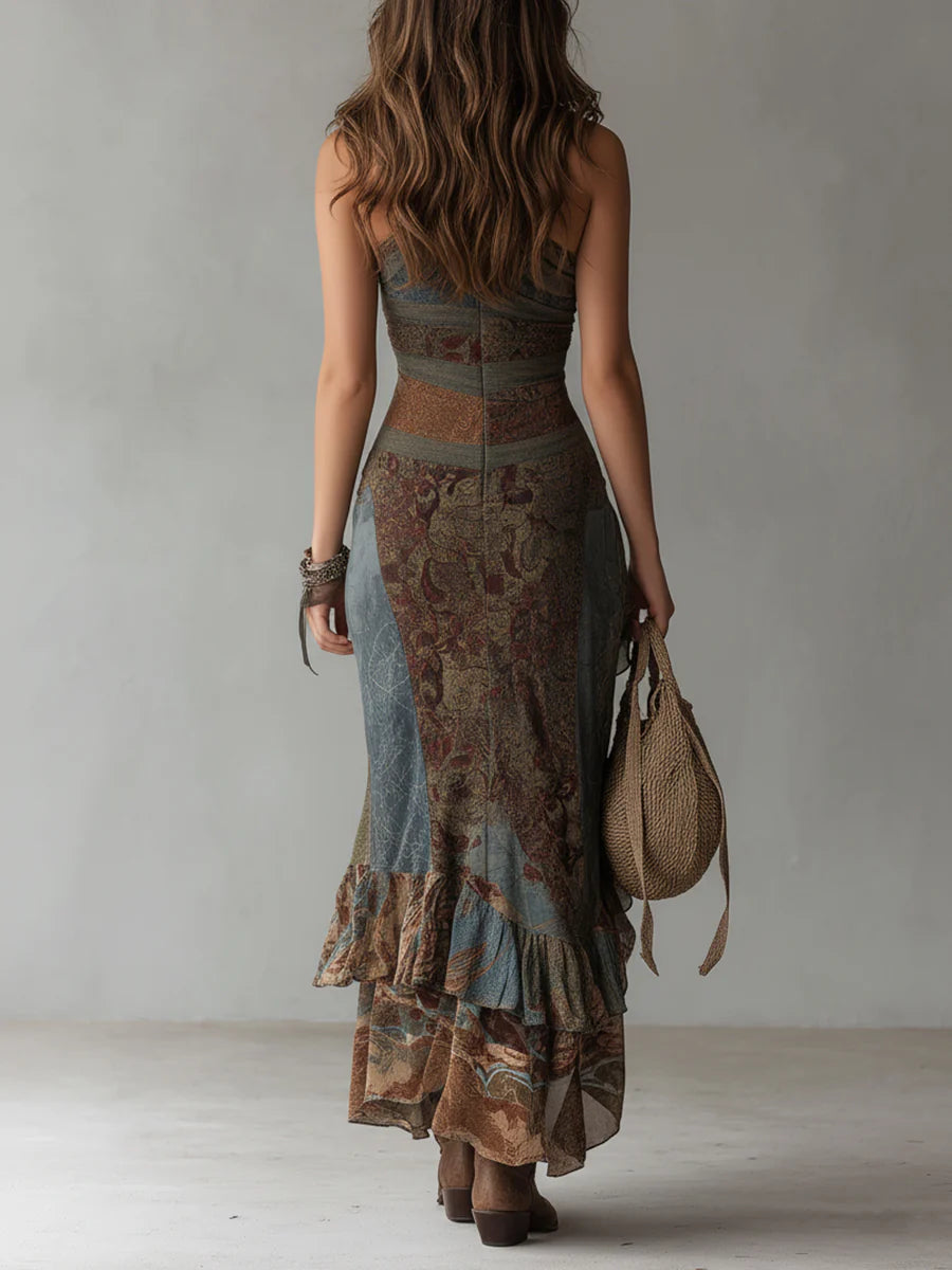 Elena | Vestido largo estampado de un solo hombro con volantes y abertura