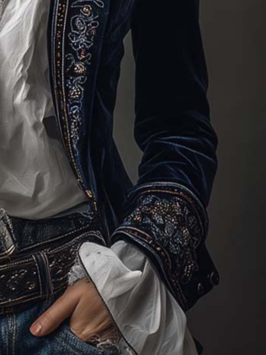 Chaqueta larga vintage de terciopelo de poliéster en color azul marino con bordados