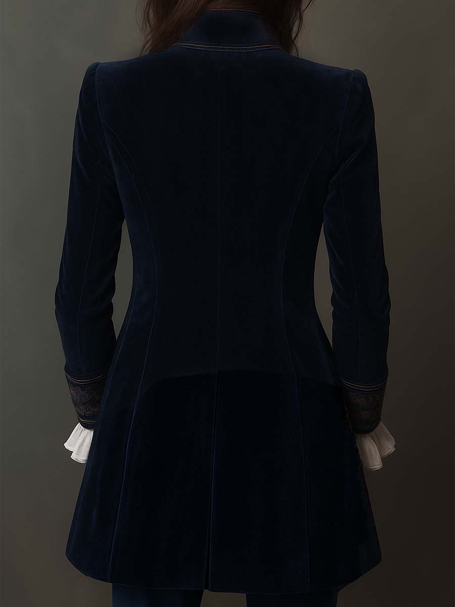 Chaqueta larga vintage de terciopelo de poliéster en color azul marino con bordados