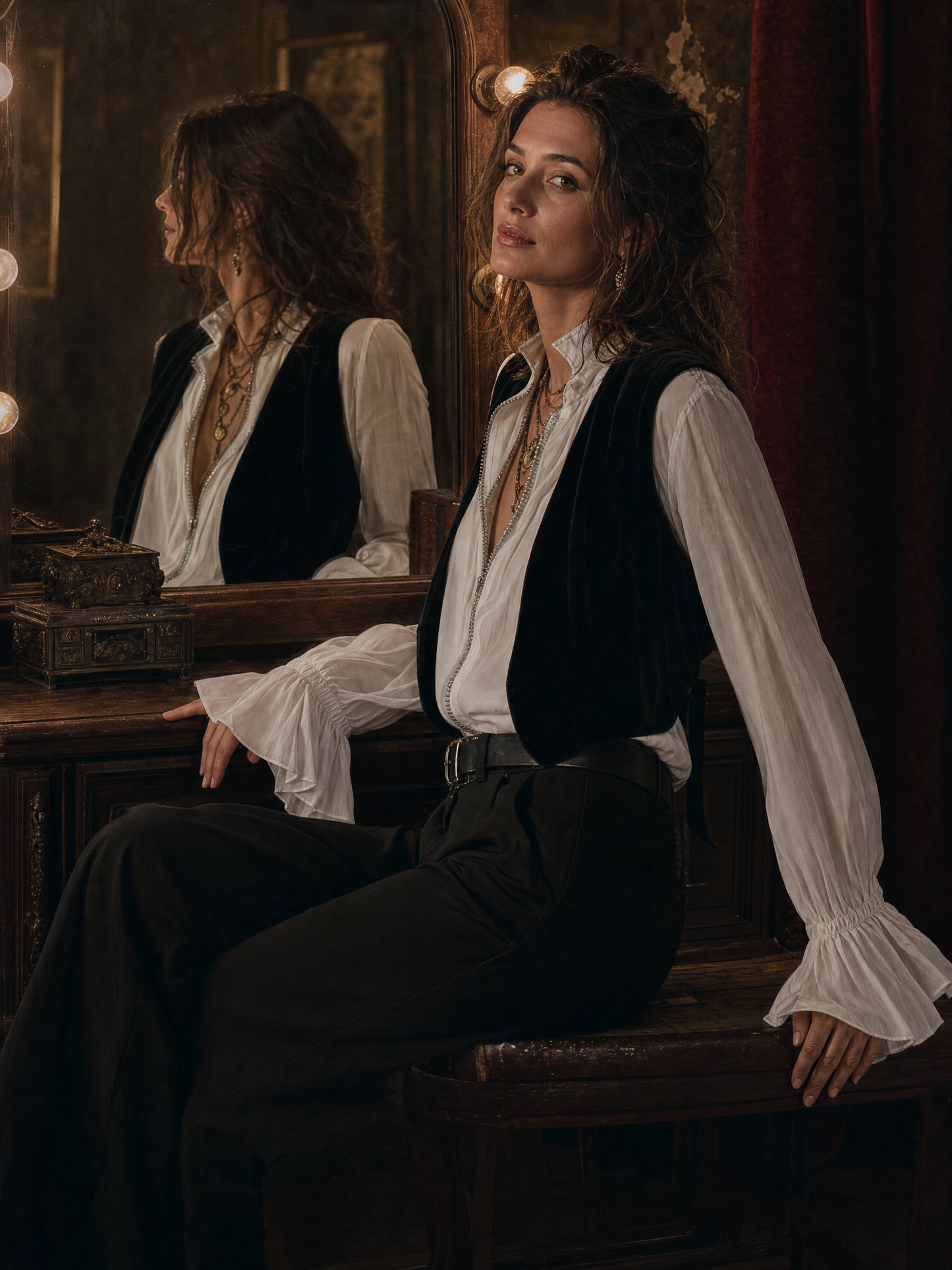 Blusa blanca con cremallera frontal y puños con volantes