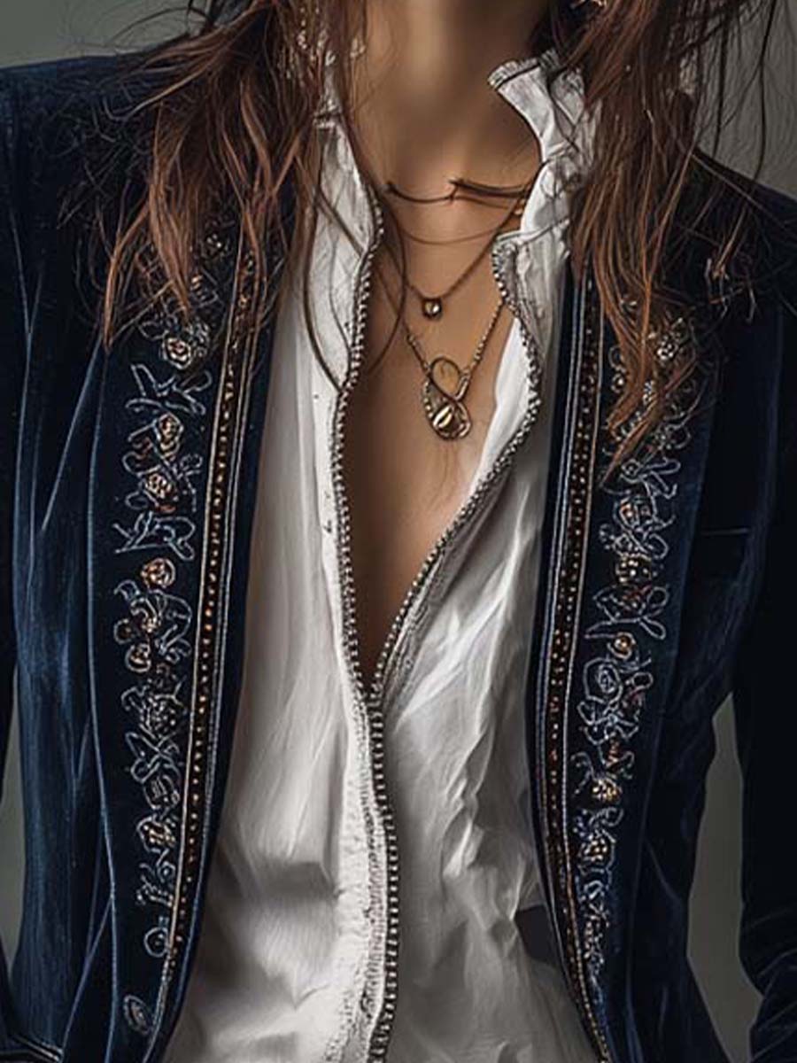 Chaqueta larga vintage de terciopelo de poliéster en color azul marino con bordados