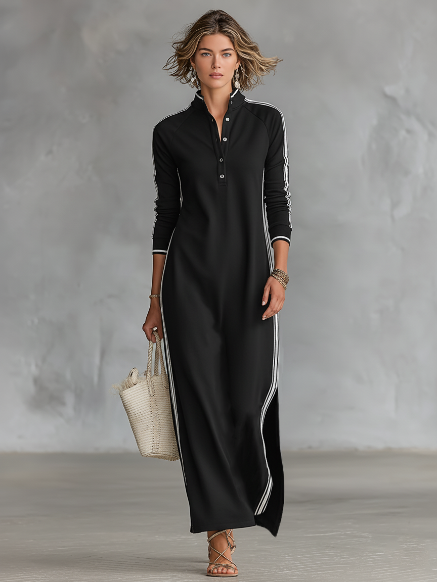 Vestido largo tipo sudadera minimalista para mujer con cuello camisero y ribete blanco