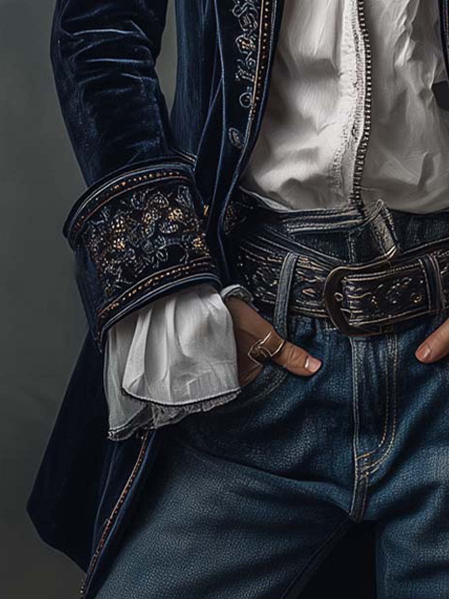 Chaqueta larga vintage de terciopelo de poliéster en color azul marino con bordados