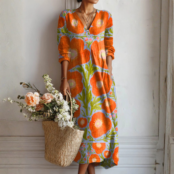 Esperanza | Vestido Midi Boho de Lino Estampado Mujer Escote V