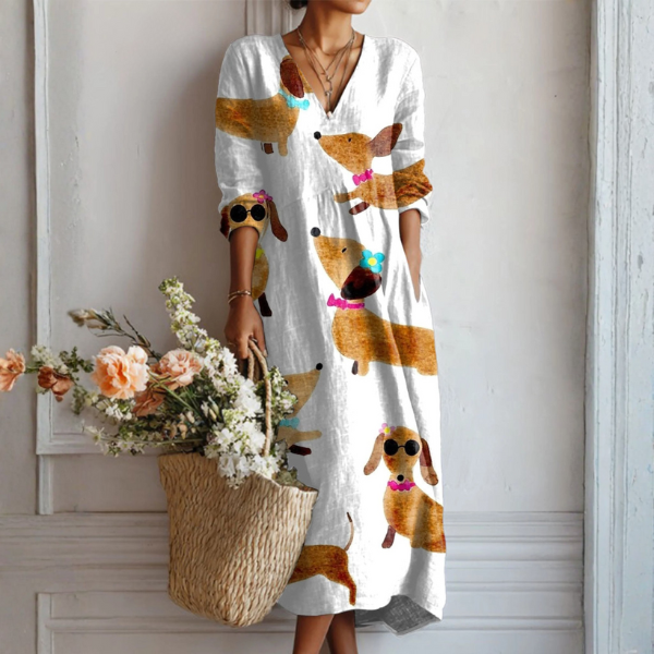 Esperanza | Vestido Midi Boho de Lino Estampado Mujer Escote V