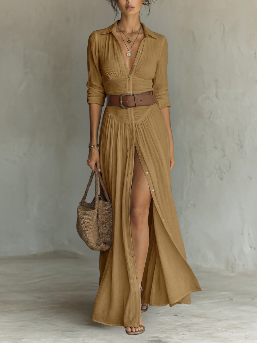Vestido largo maxi con cuello en V y mangas largas para mujer