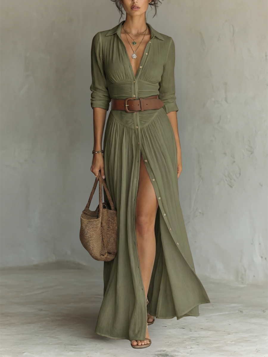 Vestido largo maxi con cuello en V y mangas largas para mujer