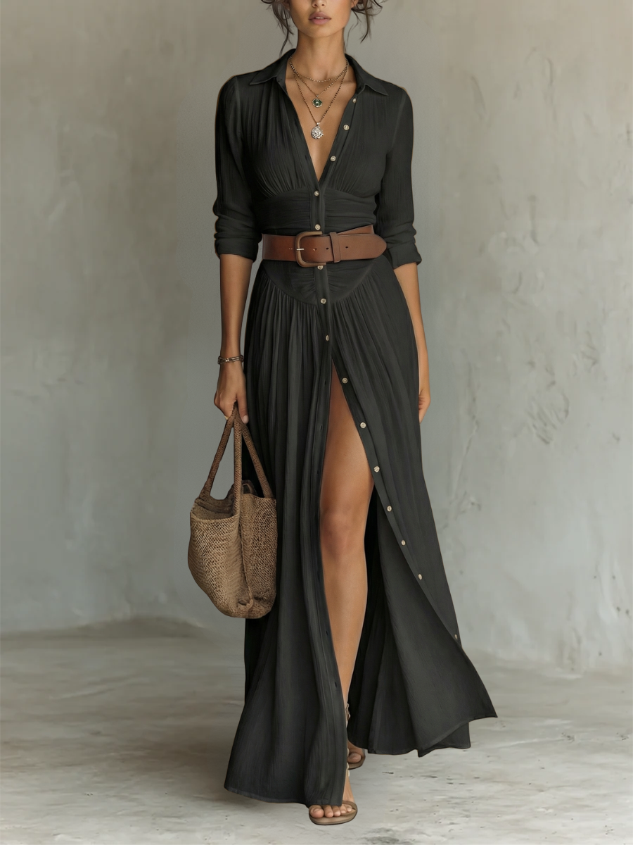 Vestido largo maxi con cuello en V y mangas largas para mujer