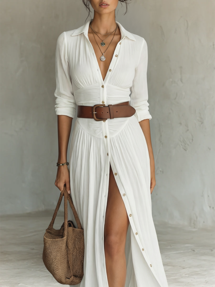 Vestido largo maxi con cuello en V y mangas largas para mujer
