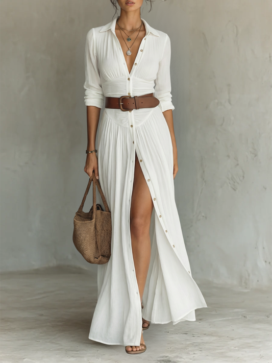Vestido largo maxi con cuello en V y mangas largas para mujer