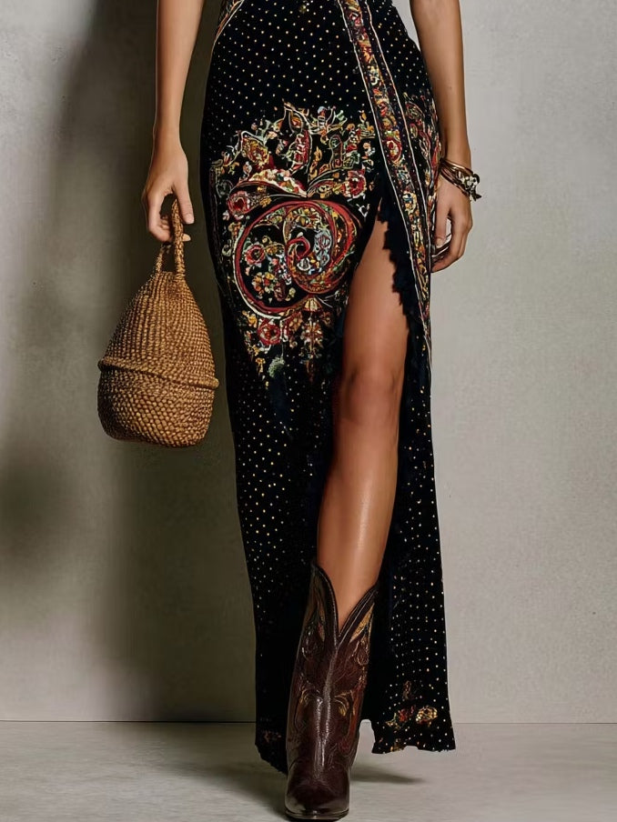 Juana| Vestido estampado de estilo bohemio con escote en V pronunciado y abertura alta