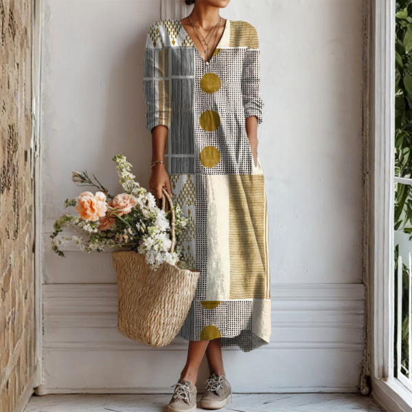 Esperanza | Vestido Midi Boho de Lino Estampado Mujer Escote V