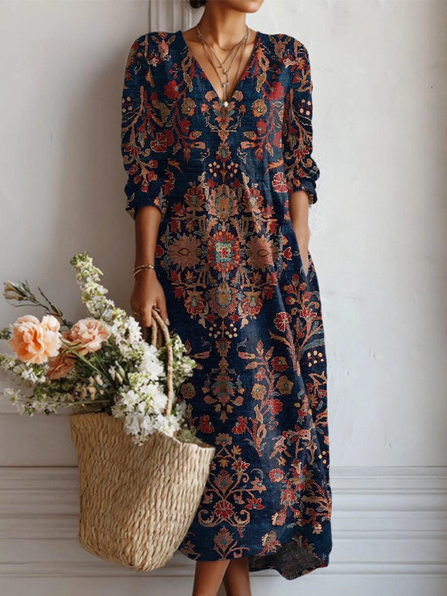 Esperanza | Vestido Midi Boho de Lino Estampado Mujer Escote V