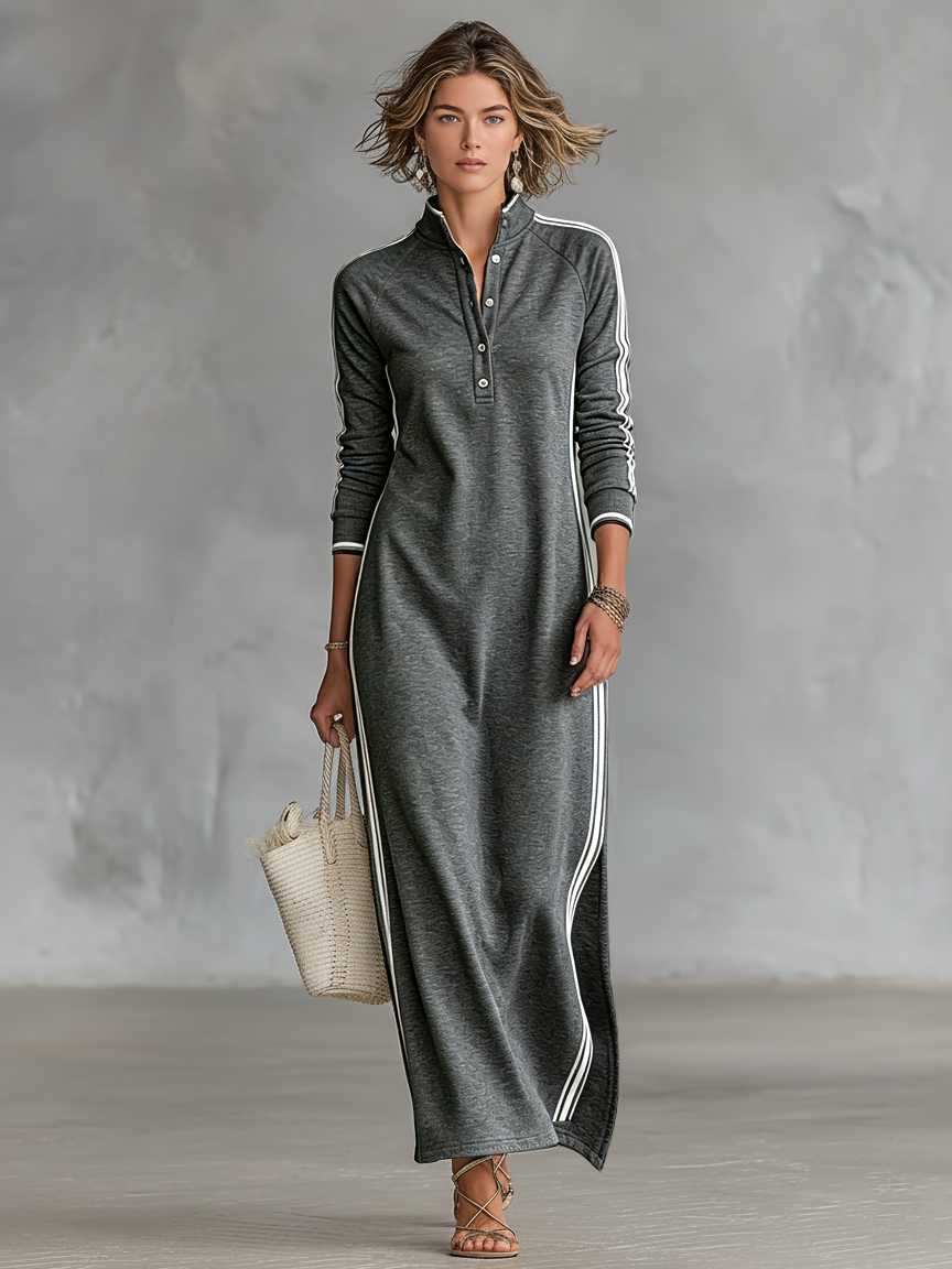 Vestido largo tipo sudadera minimalista para mujer con cuello camisero y ribete blanco