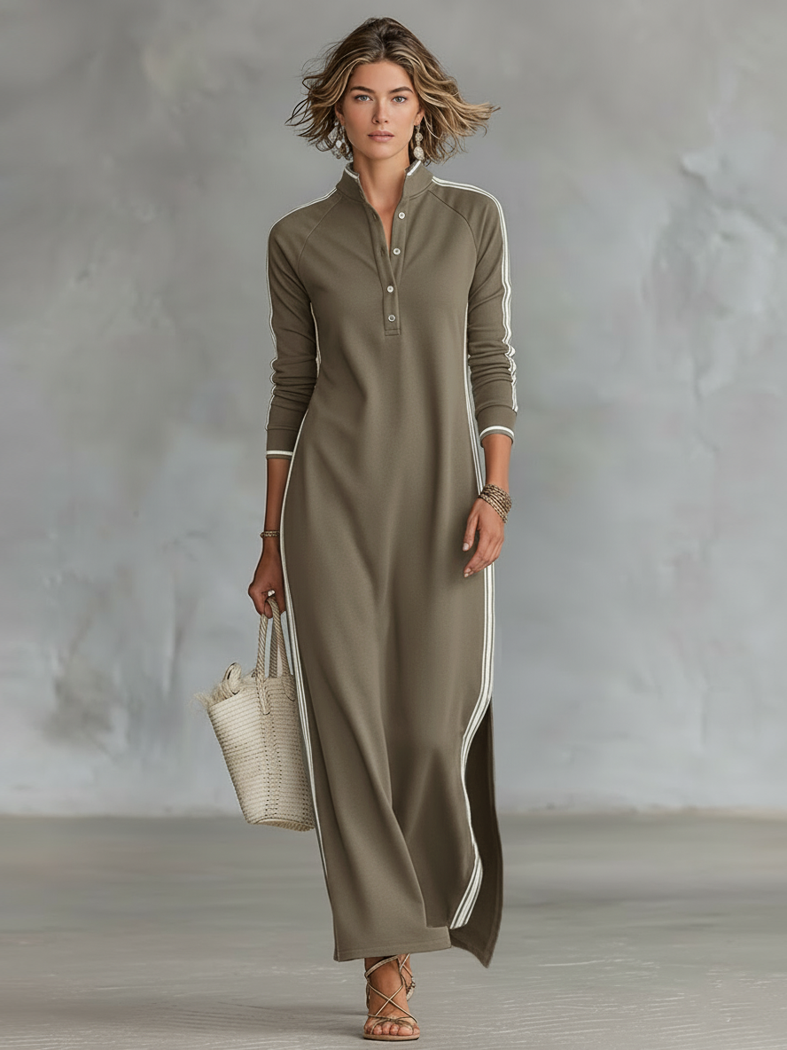 Vestido largo tipo sudadera minimalista para mujer con cuello camisero y ribete blanco