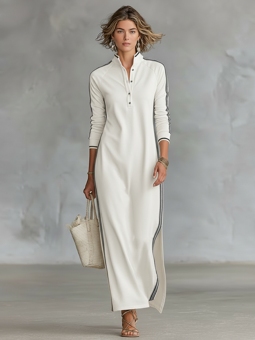 Vestido largo tipo sudadera minimalista para mujer con cuello camisero y ribete blanco