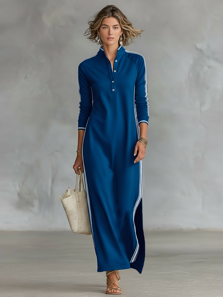 Vestido largo tipo sudadera minimalista para mujer con cuello camisero y ribete blanco