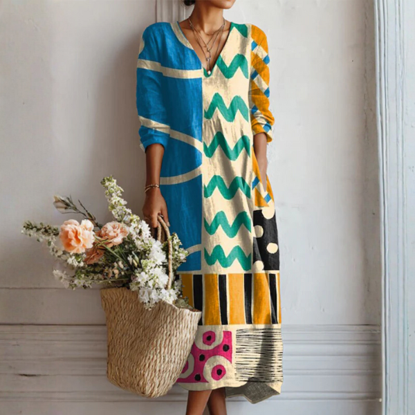 Esperanza | Vestido Midi Boho de Lino Estampado Mujer Escote V