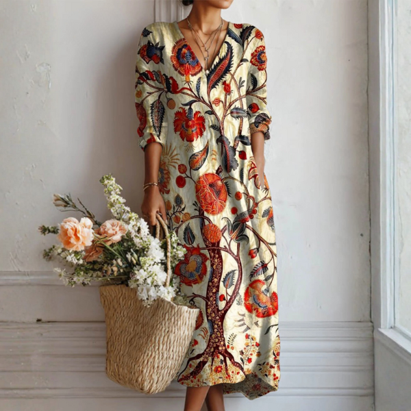 Esperanza | Vestido Midi Boho de Lino Estampado Mujer Escote V