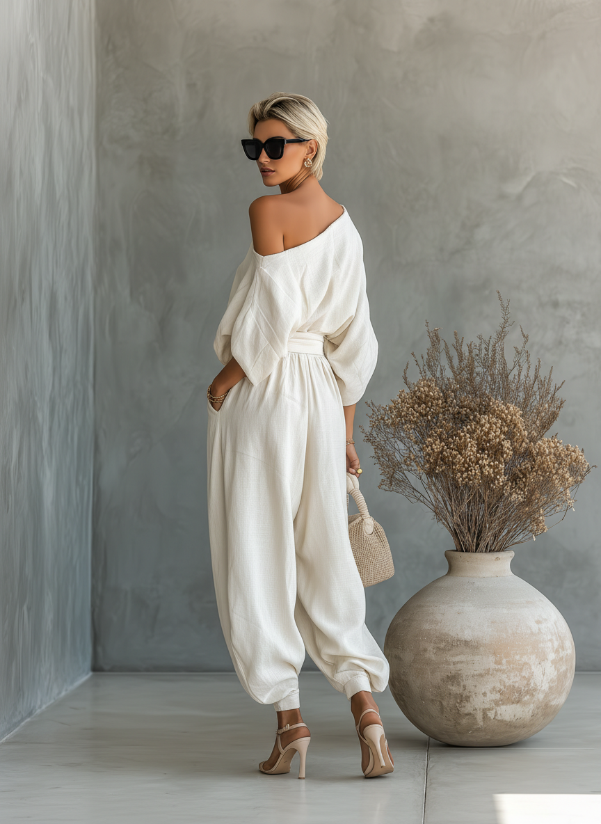 Blanca | Conjunto de lino en color blanco roto para mujer, con top con hombros al aire y pantalones ajustados