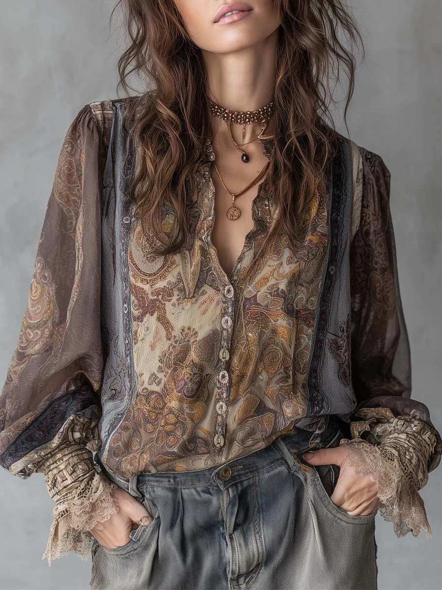 Blusa Bohemia Estampado Paisley Manga Larga