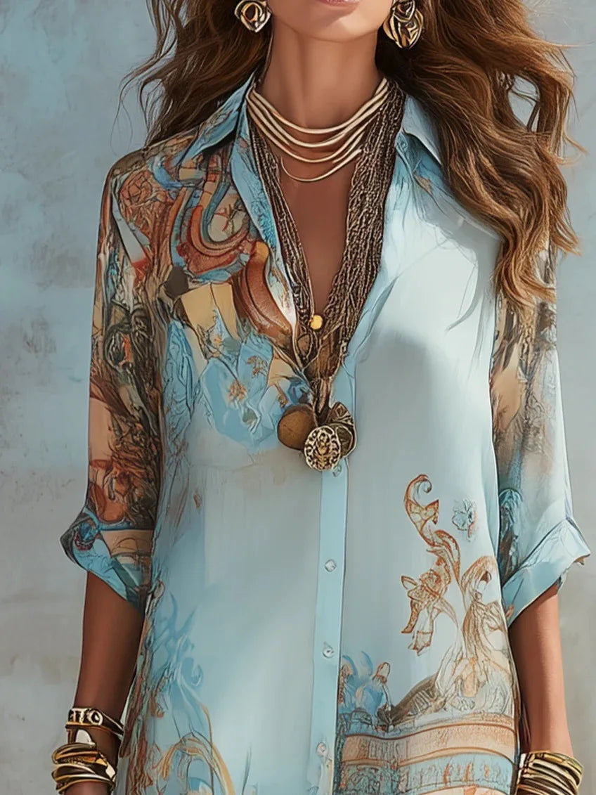 Vestido Camisero de Chiffón Estampado Boho