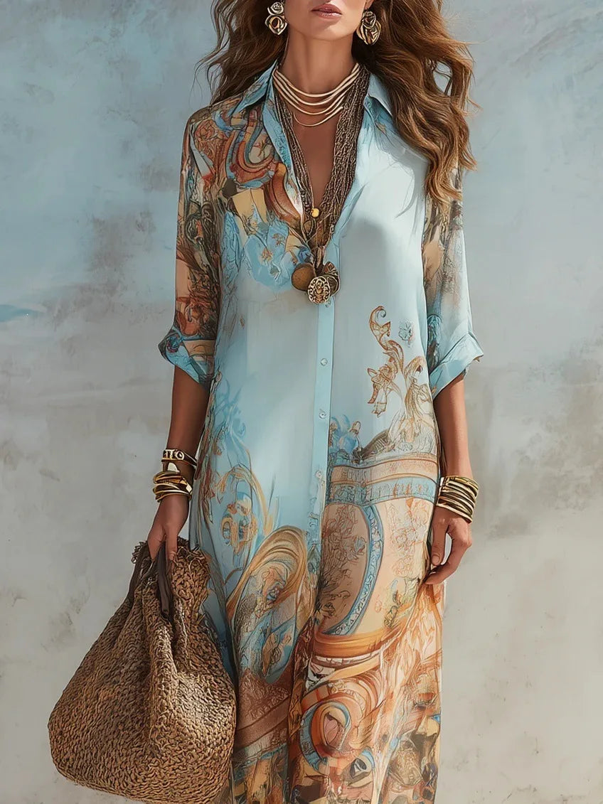 Vestido Camisero de Chiffón Estampado Boho