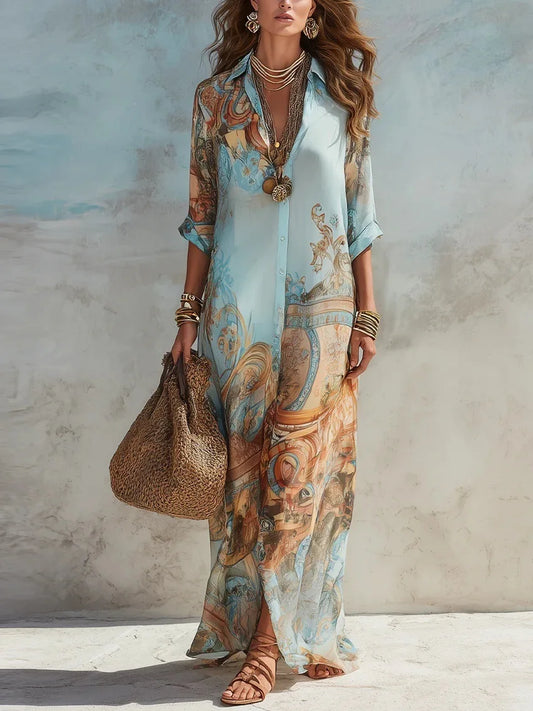 Vestido Camisero de Chiffón Estampado Boho
