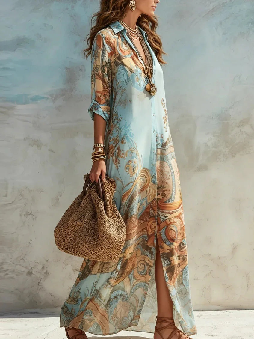 Vestido Camisero de Chiffón Estampado Boho