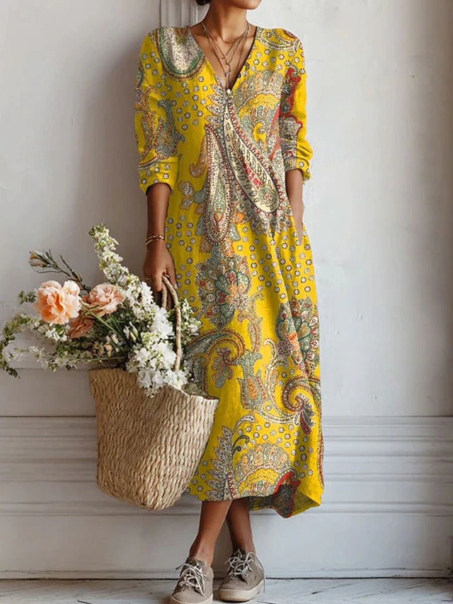 Esperanza | Vestido Midi Boho de Lino Estampado Mujer Escote V