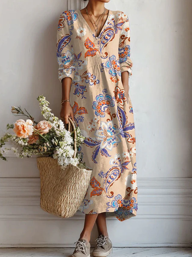 Esperanza | Vestido Midi Boho de Lino Estampado Mujer Escote V
