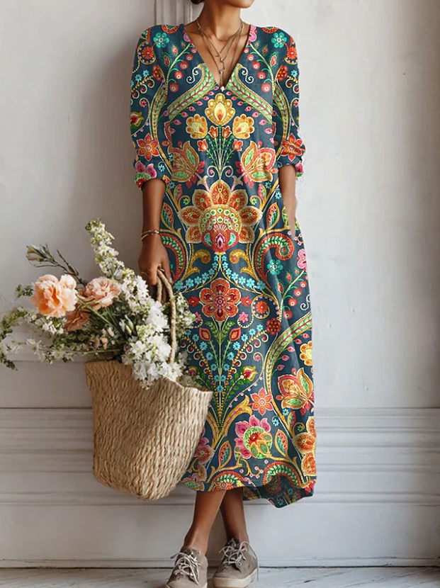 Esperanza | Vestido Midi Boho de Lino Estampado Mujer Escote V