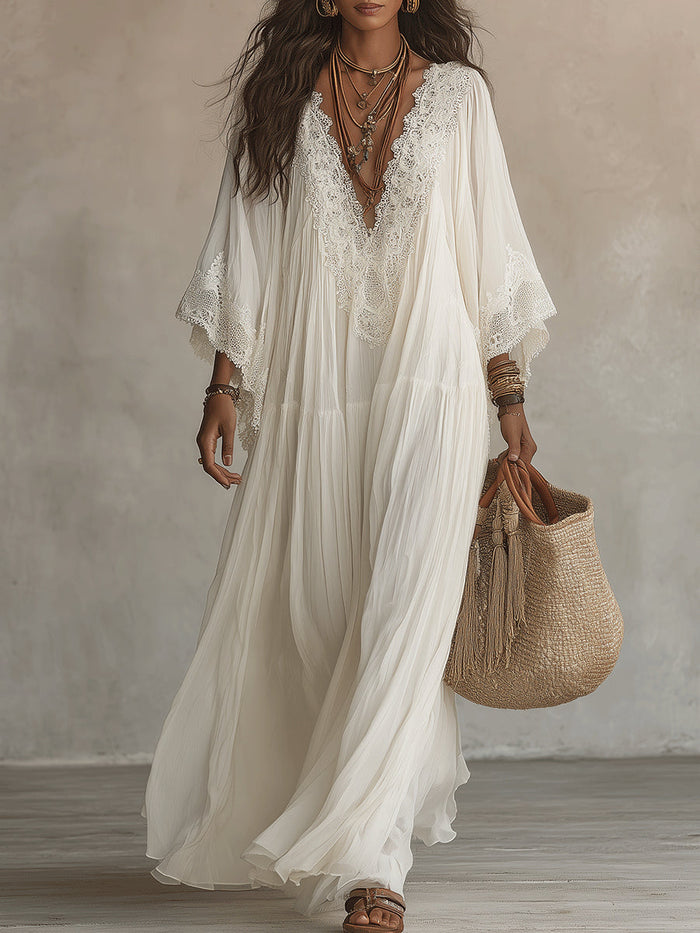 Celia™ - Vestido Largo de Gasa Marfil con Encaje