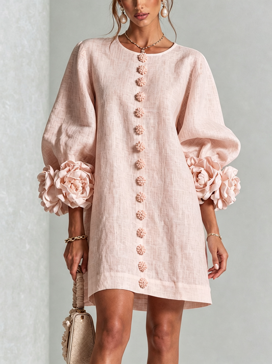 Noemi | Vestido de lino con puños de rosas, Rosa