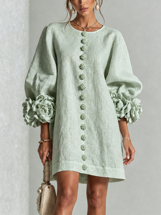 Delia | Vestido de lino con puños de rosas, Verde Salvia
