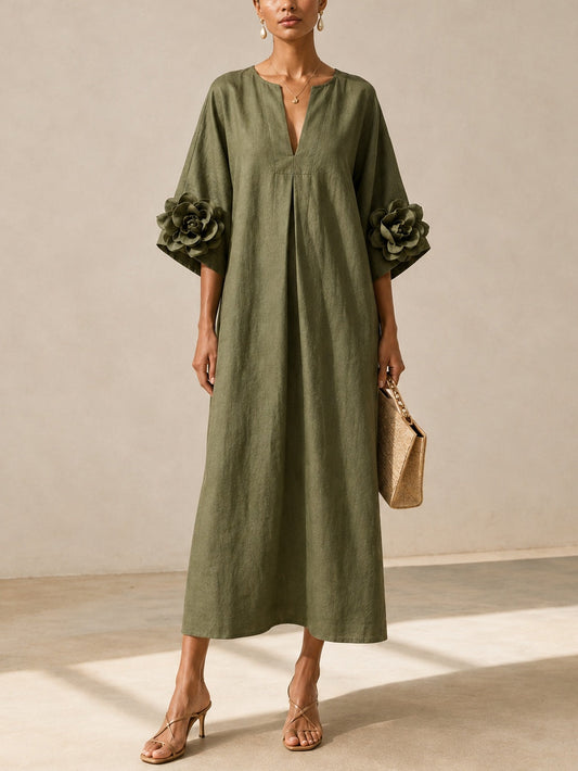 Vestido midi Olivia verde oliva con mangas de flores