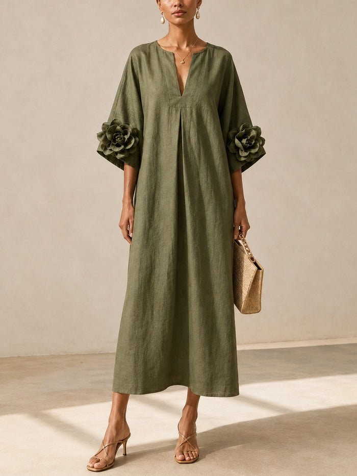 Olivia™ - Vestido Midi Verde Oliva con Mangas de Flores