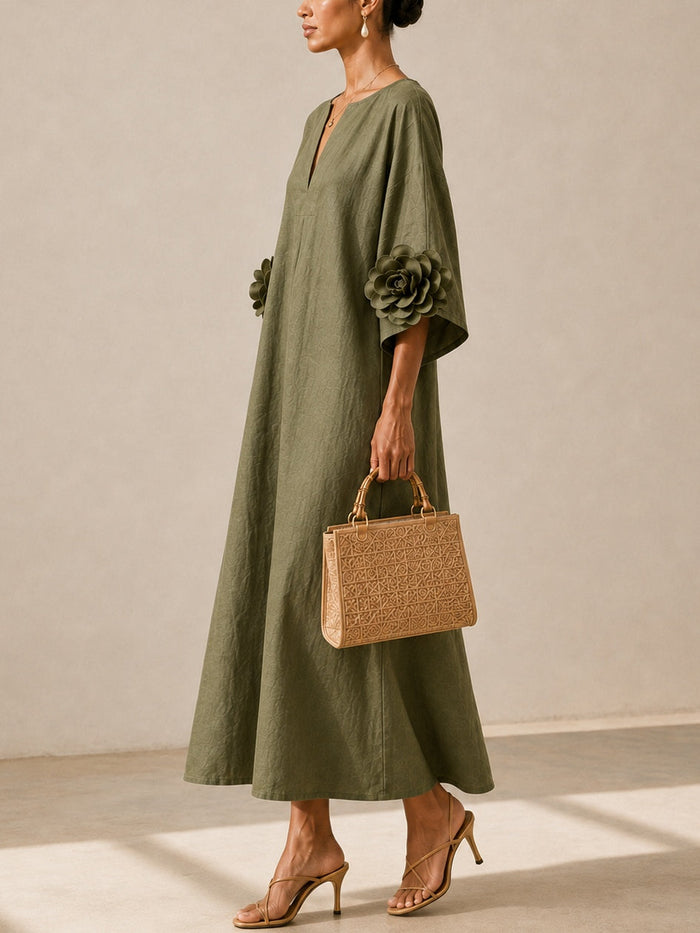 Olivia™ - Vestido Midi Verde Oliva con Mangas de Flores