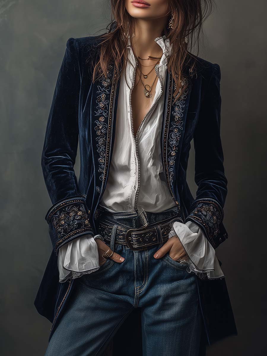 Chaqueta larga vintage de terciopelo de poliéster en color azul marino con bordados