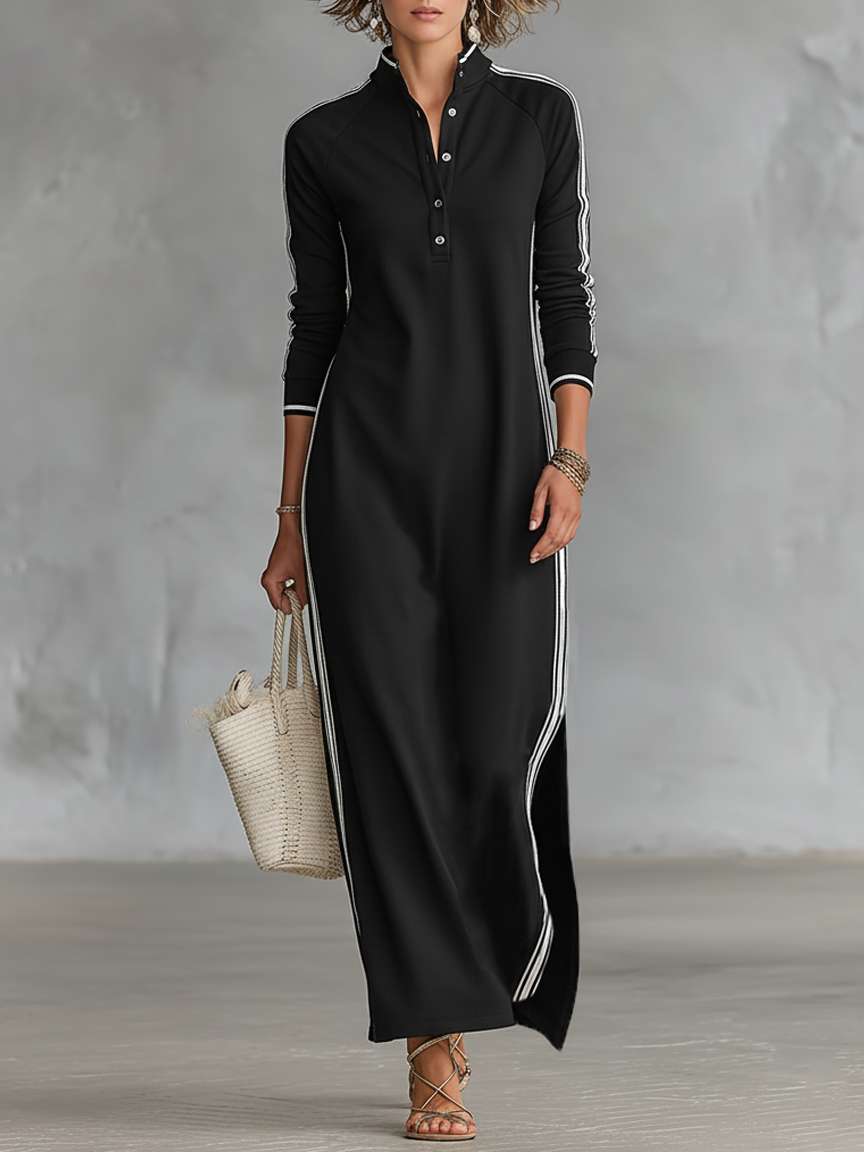Vestido largo tipo sudadera minimalista para mujer con cuello camisero y ribete blanco