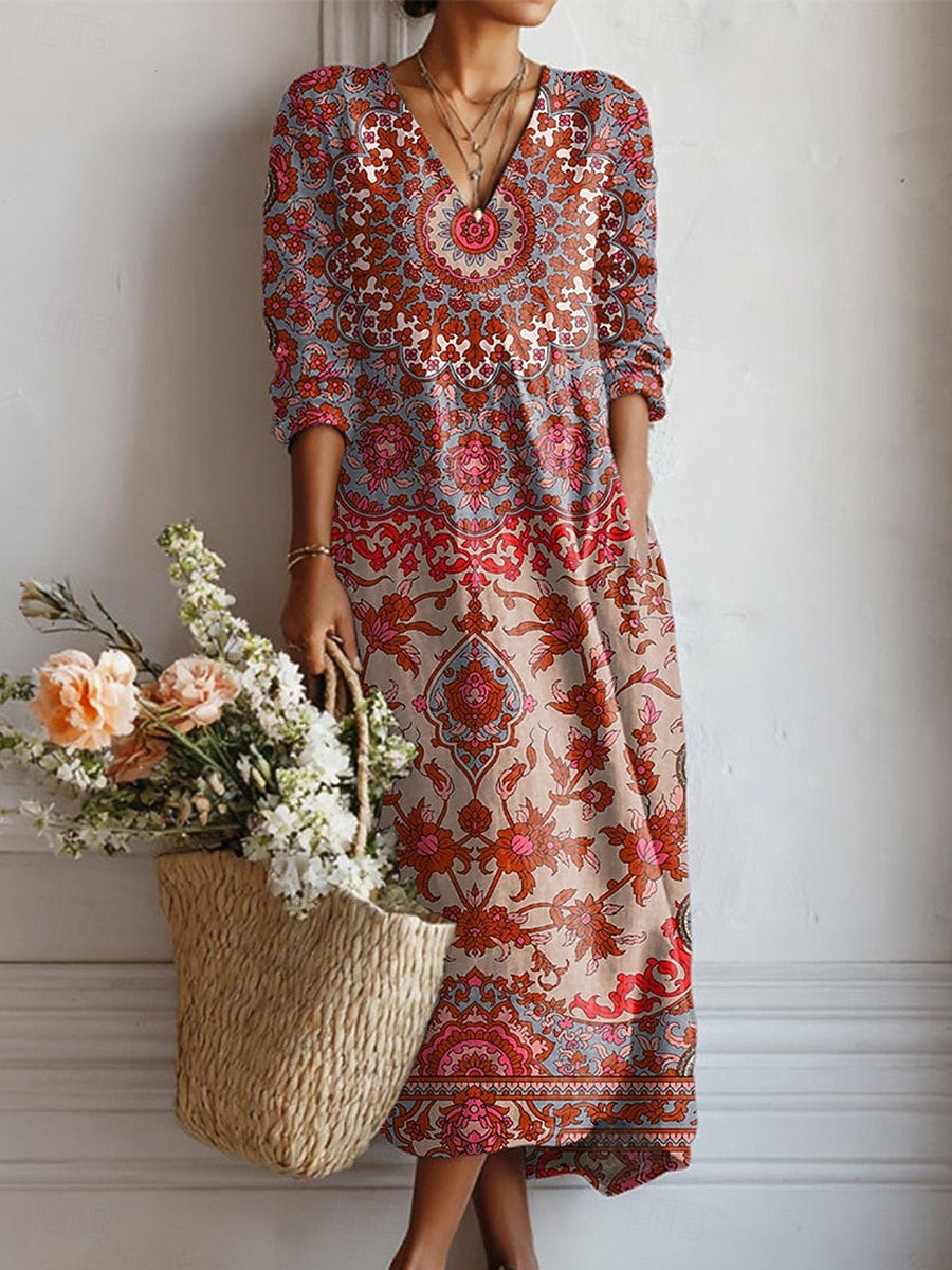 Esperanza | Vestido Midi Boho de Lino Estampado Mujer Escote V
