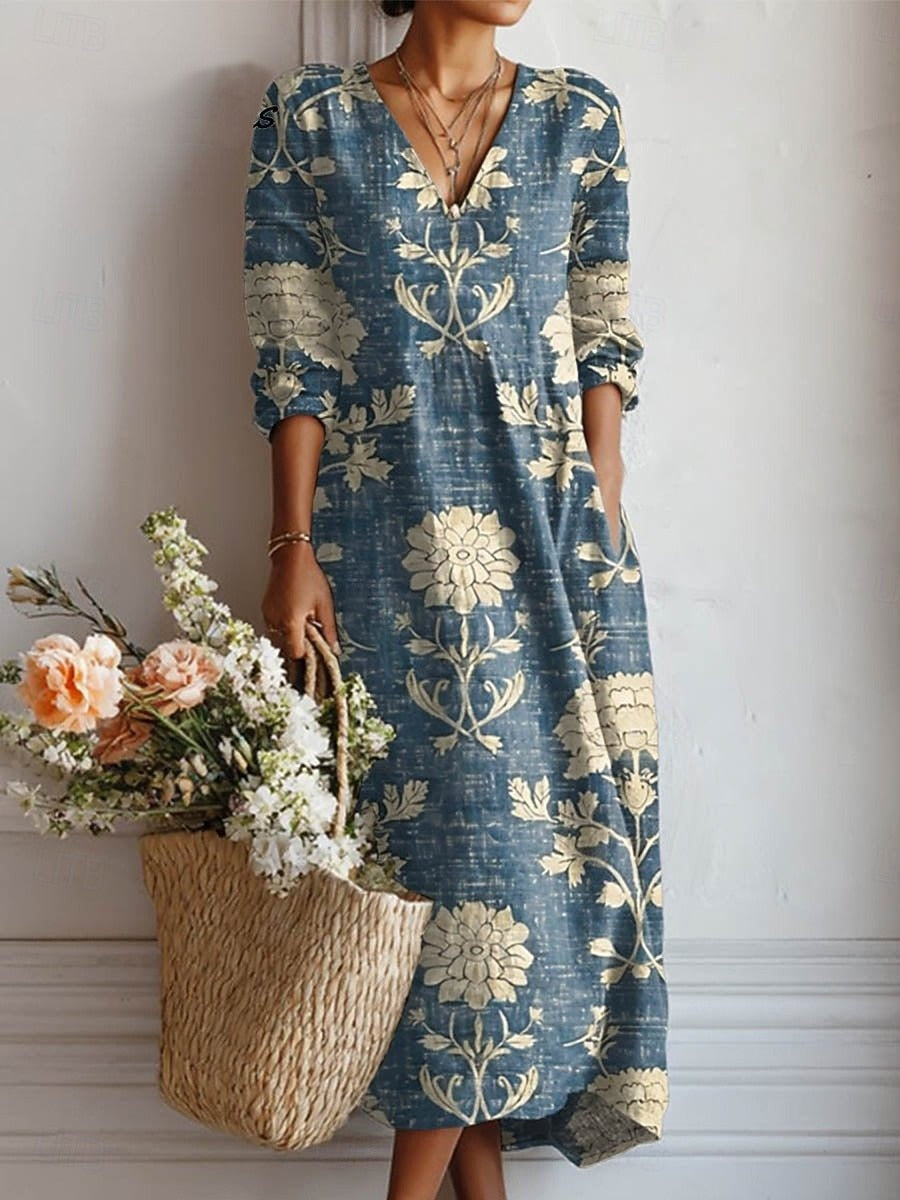 Esperanza | Vestido Midi Boho de Lino Estampado Mujer Escote V