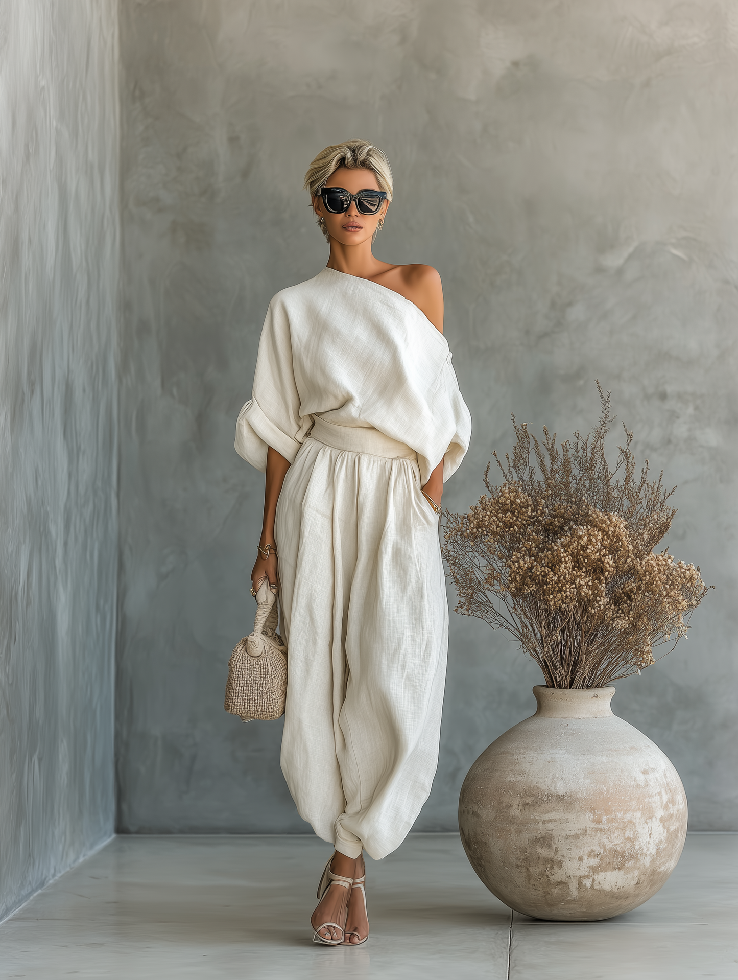 Blanca | Conjunto de lino en color blanco roto para mujer, con top con hombros al aire y pantalones ajustados