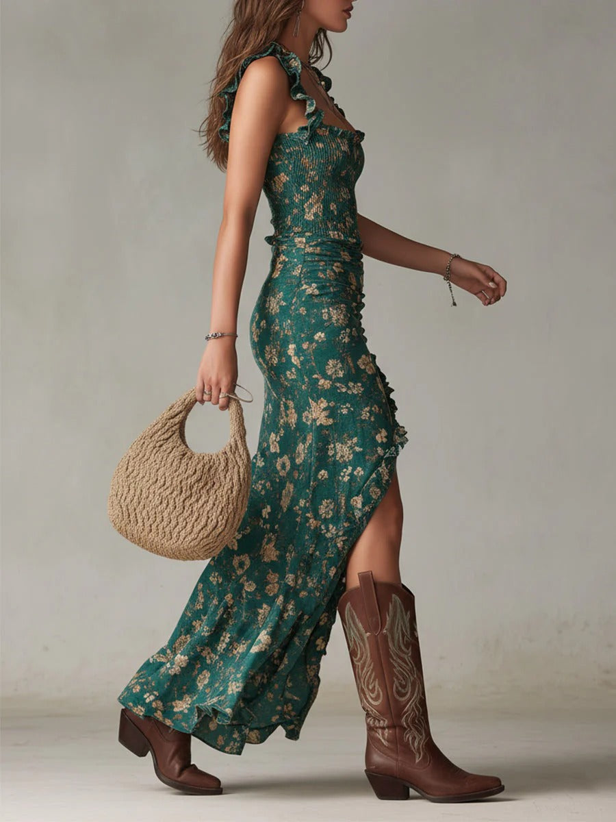 Sara | Vestido largo bohemio con estampado floral y fruncidos, con abertura lateral