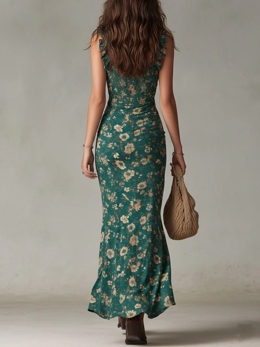 Sara | Vestido largo bohemio con estampado floral y fruncidos, con abertura lateral