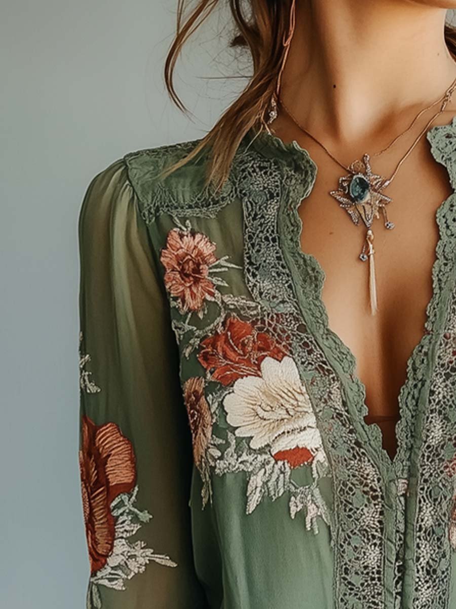 Blusa de encaje con estampado floral de estilo bohemio