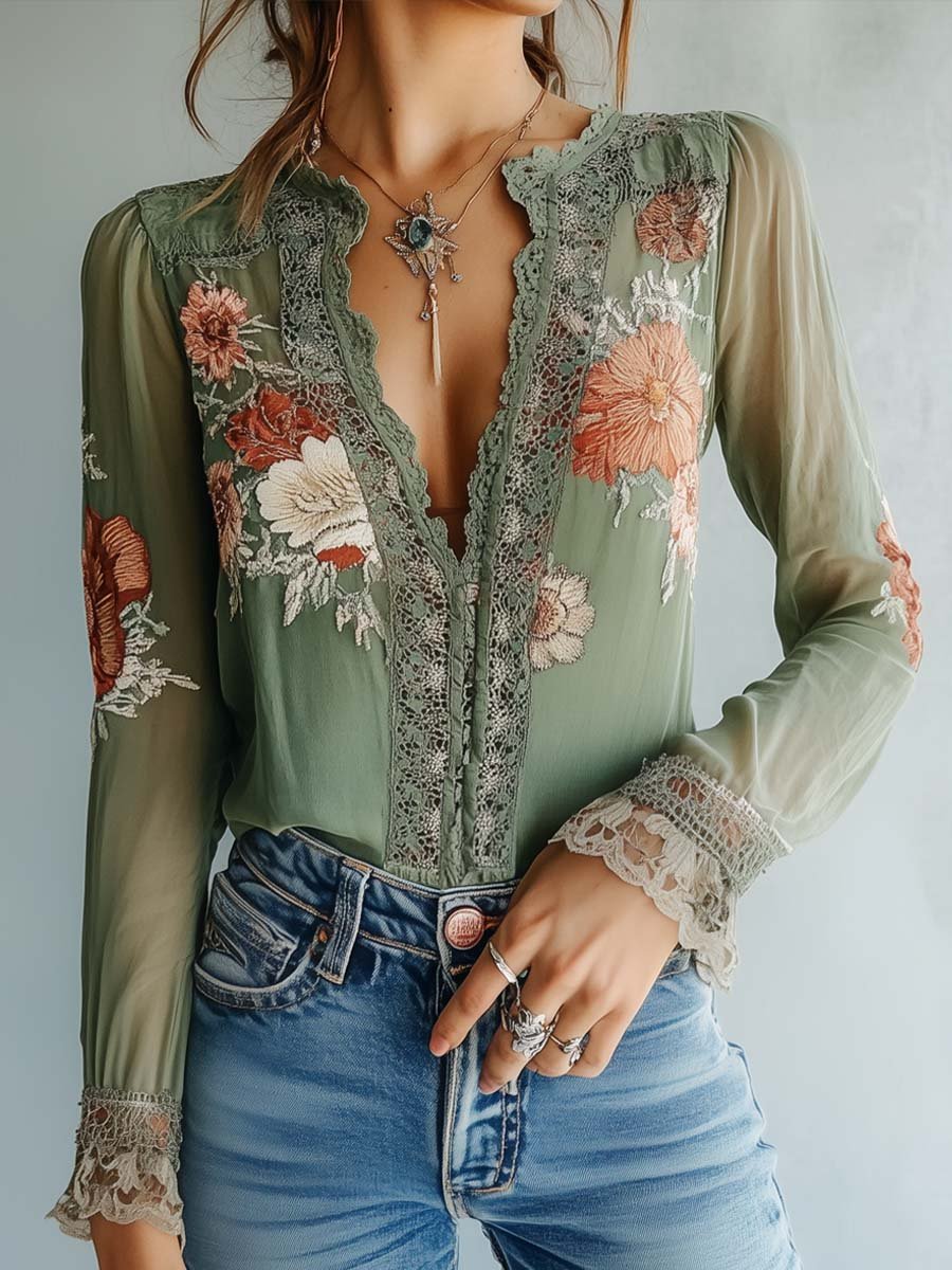 Blusa de encaje con estampado floral de estilo bohemio