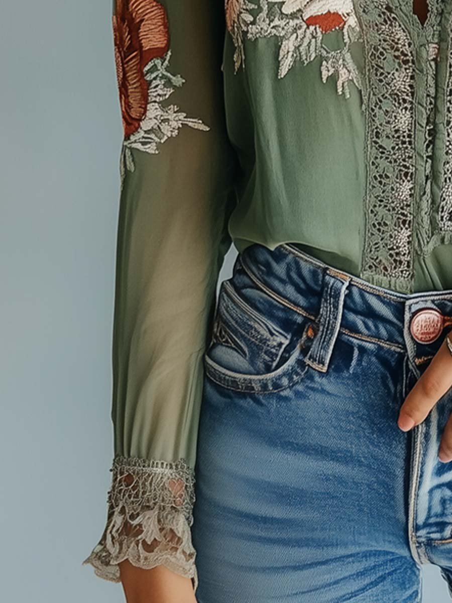 Blusa de encaje con estampado floral de estilo bohemio